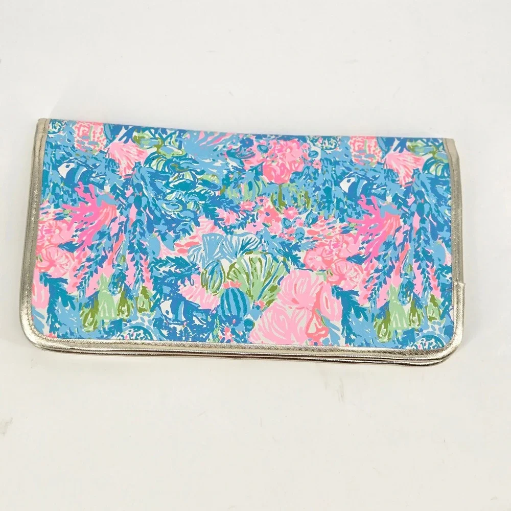 Lilly Pulitzer Bi-Fold Travel Organizer Clutch Bag Fished My Wish Gold Trim